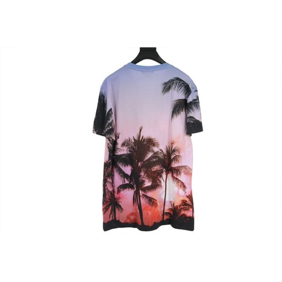 Balmain Mens Sunset Palm Coin Logo T Shirt Size Large Ombre Pink Blue Cotton - Picture 2 of 6